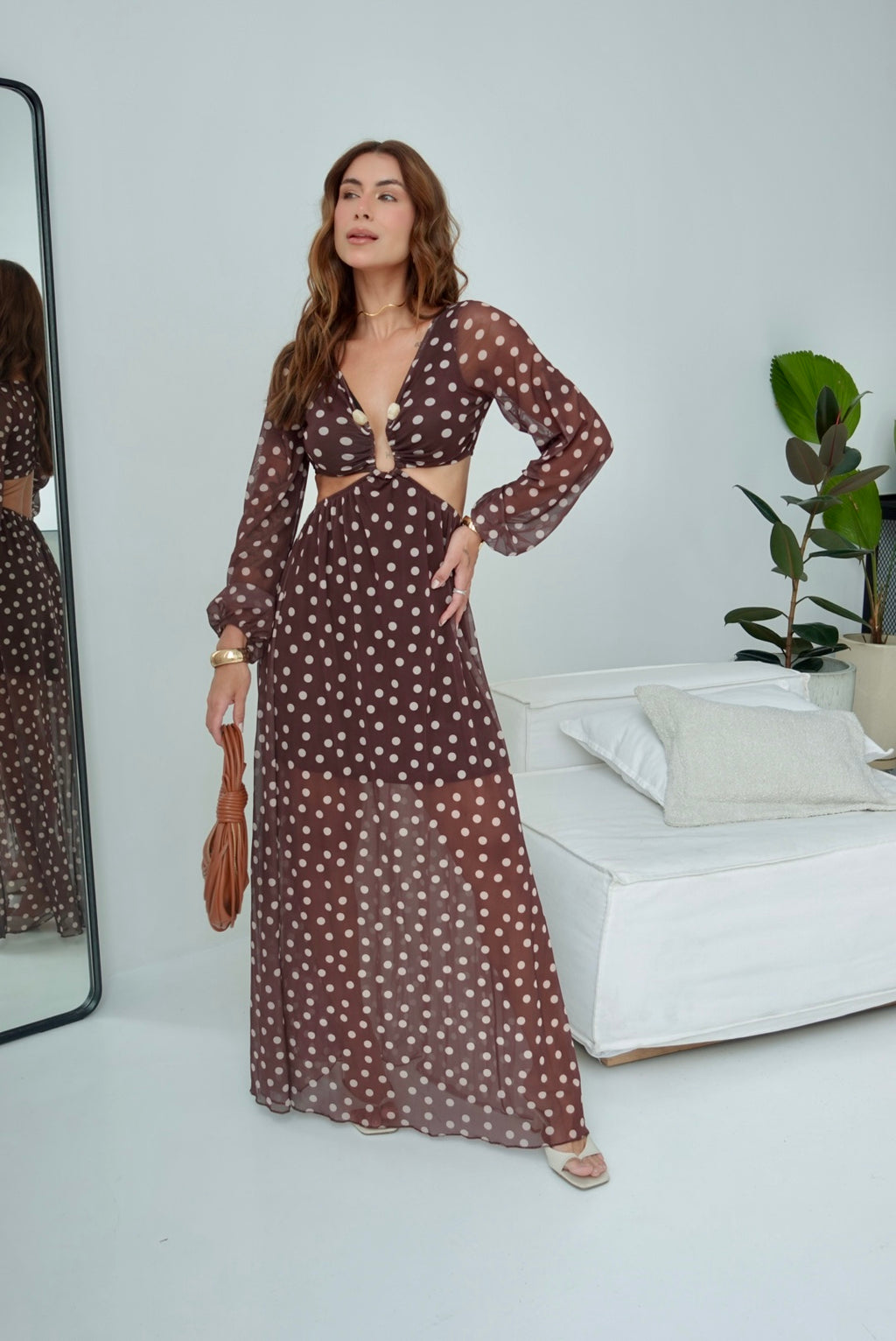 Vestido Luciana poá marrom