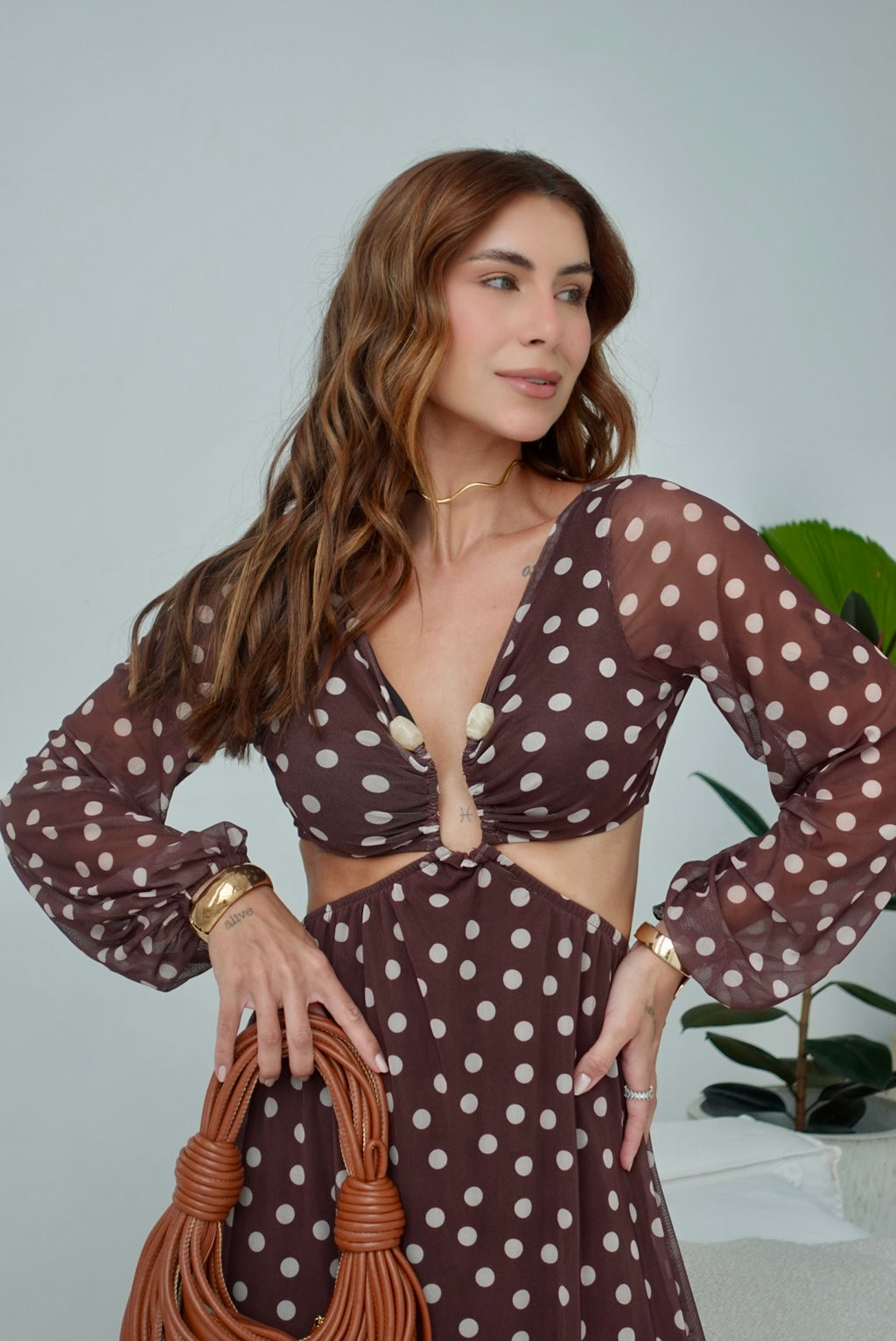 Vestido Luciana poá marrom