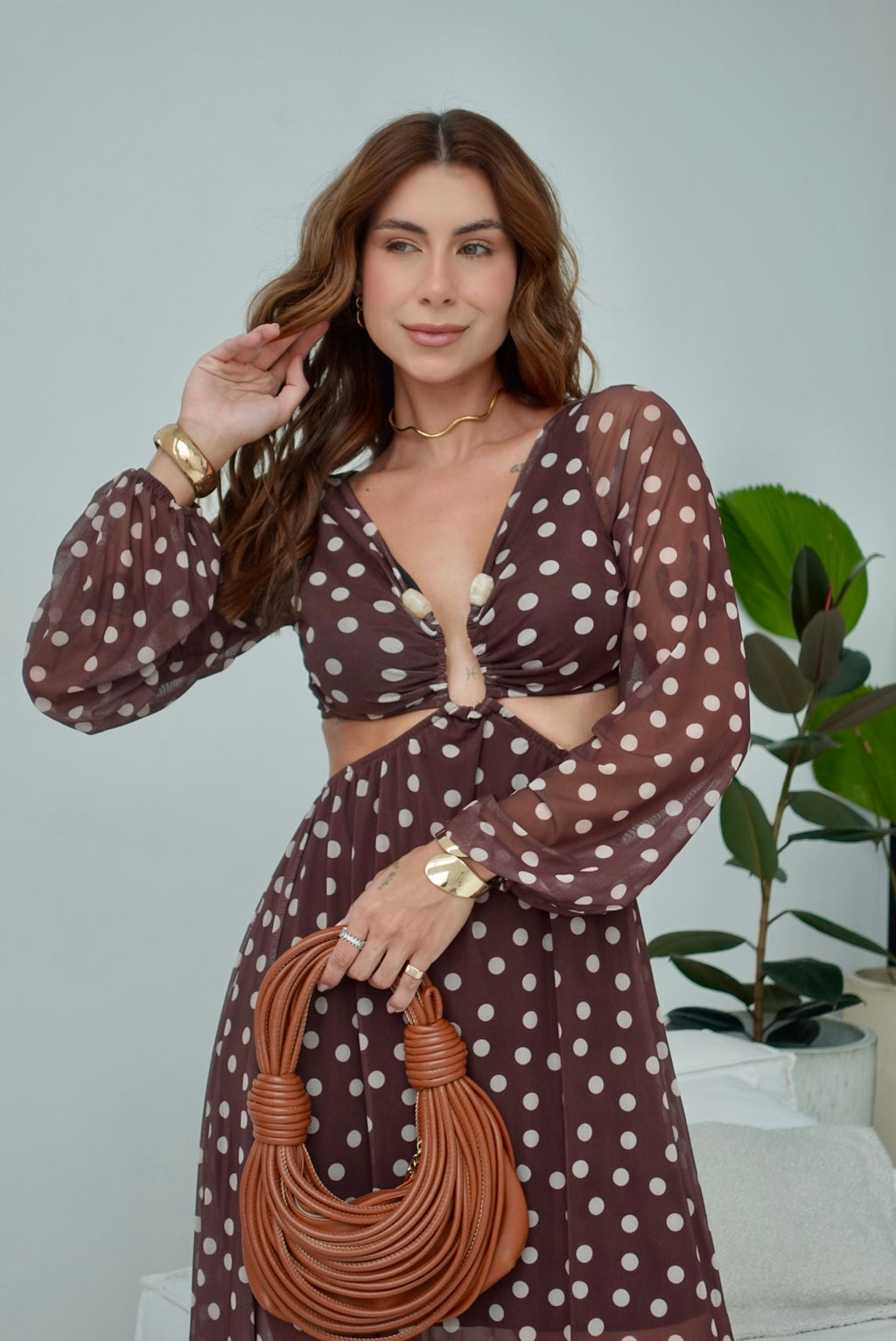 Vestido Luciana poá marrom